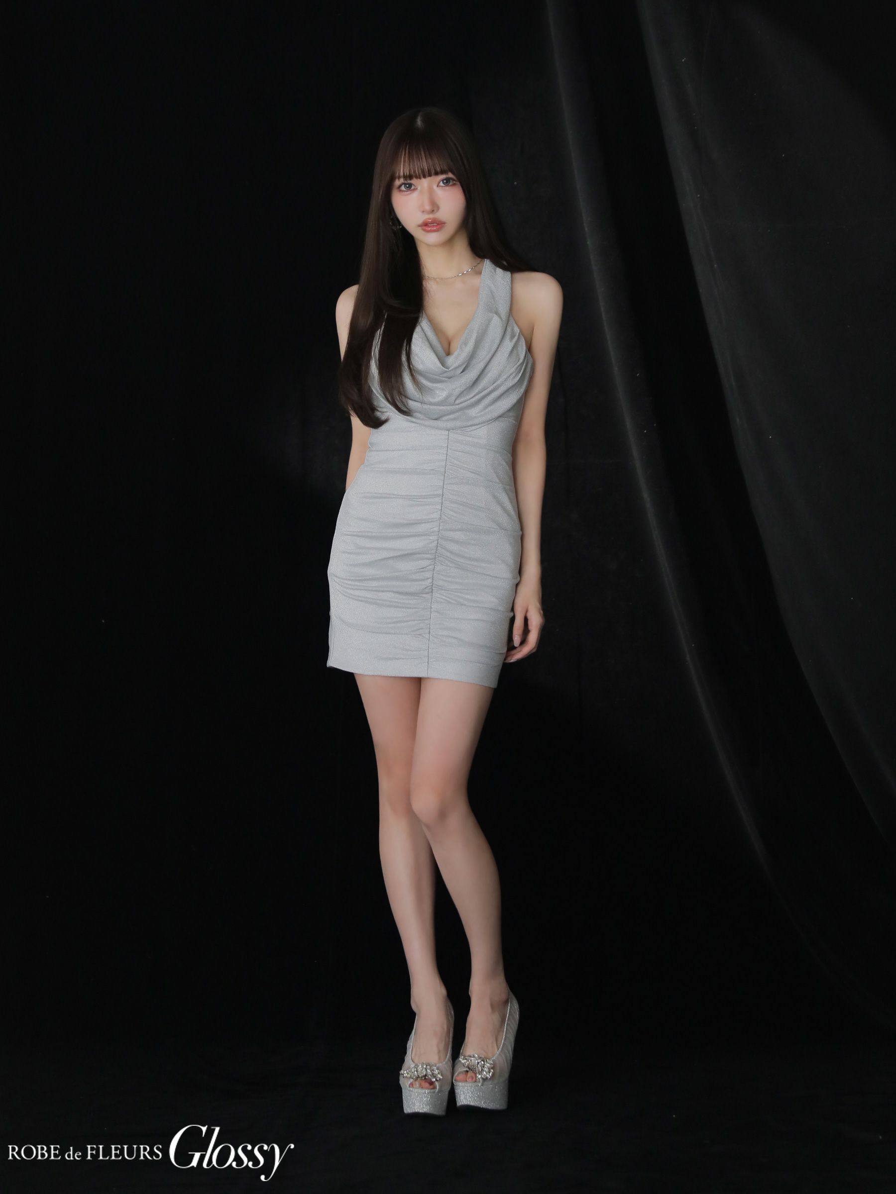 Glossy ローブドフルールグロッシー 【XSサイズあり】 ラメニットカウルネックシャーリングノースリーブタイトキャバドレス gl3967