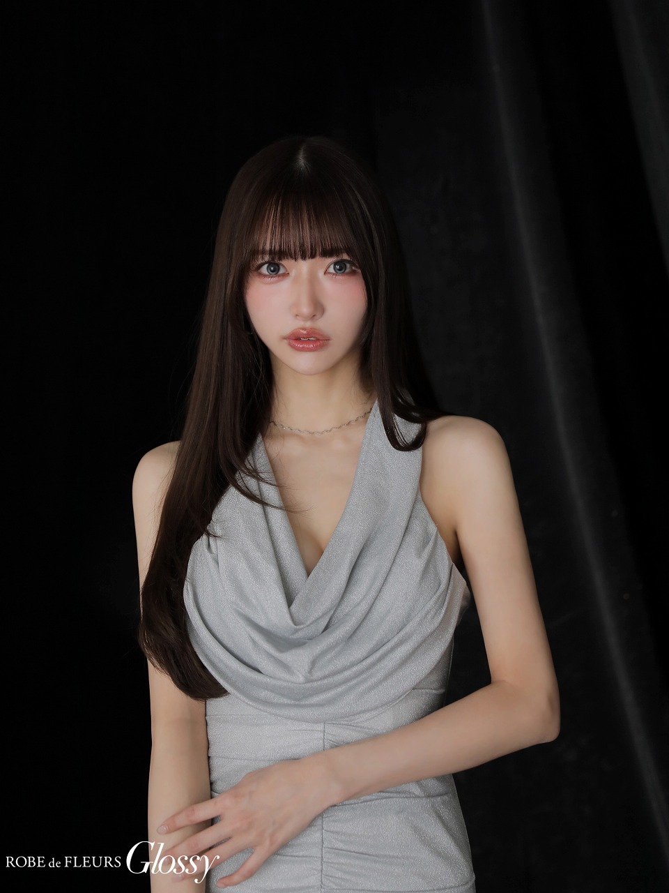 Glossy ローブドフルールグロッシー 【XSサイズあり】 ラメニットカウルネックシャーリングノースリーブタイトキャバドレス gl3967