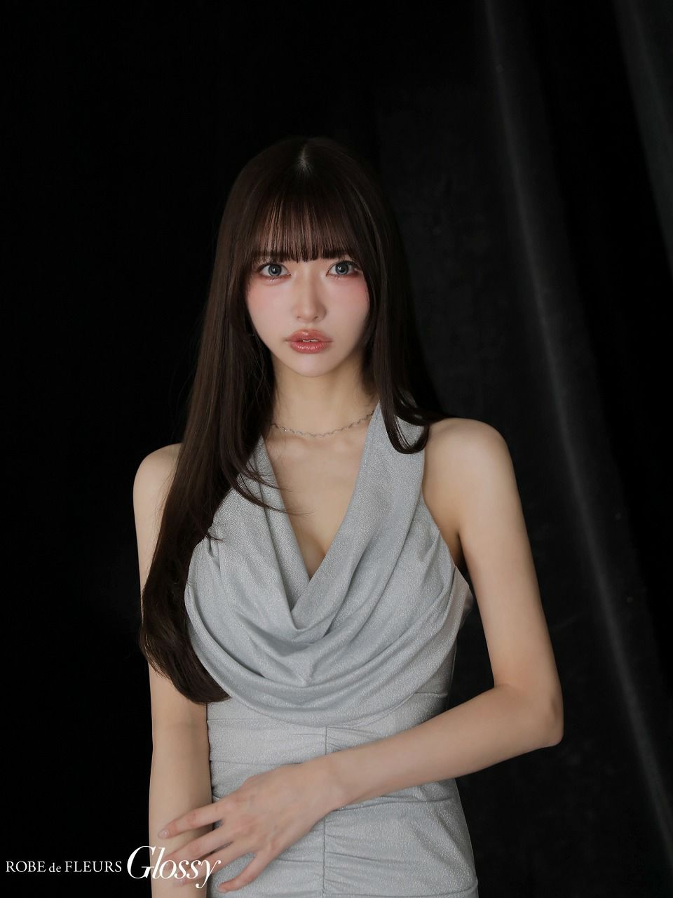 Glossy ローブドフルールグロッシー 【XSサイズあり】 ラメニットカウルネックシャーリングノースリーブタイトキャバドレス gl3967