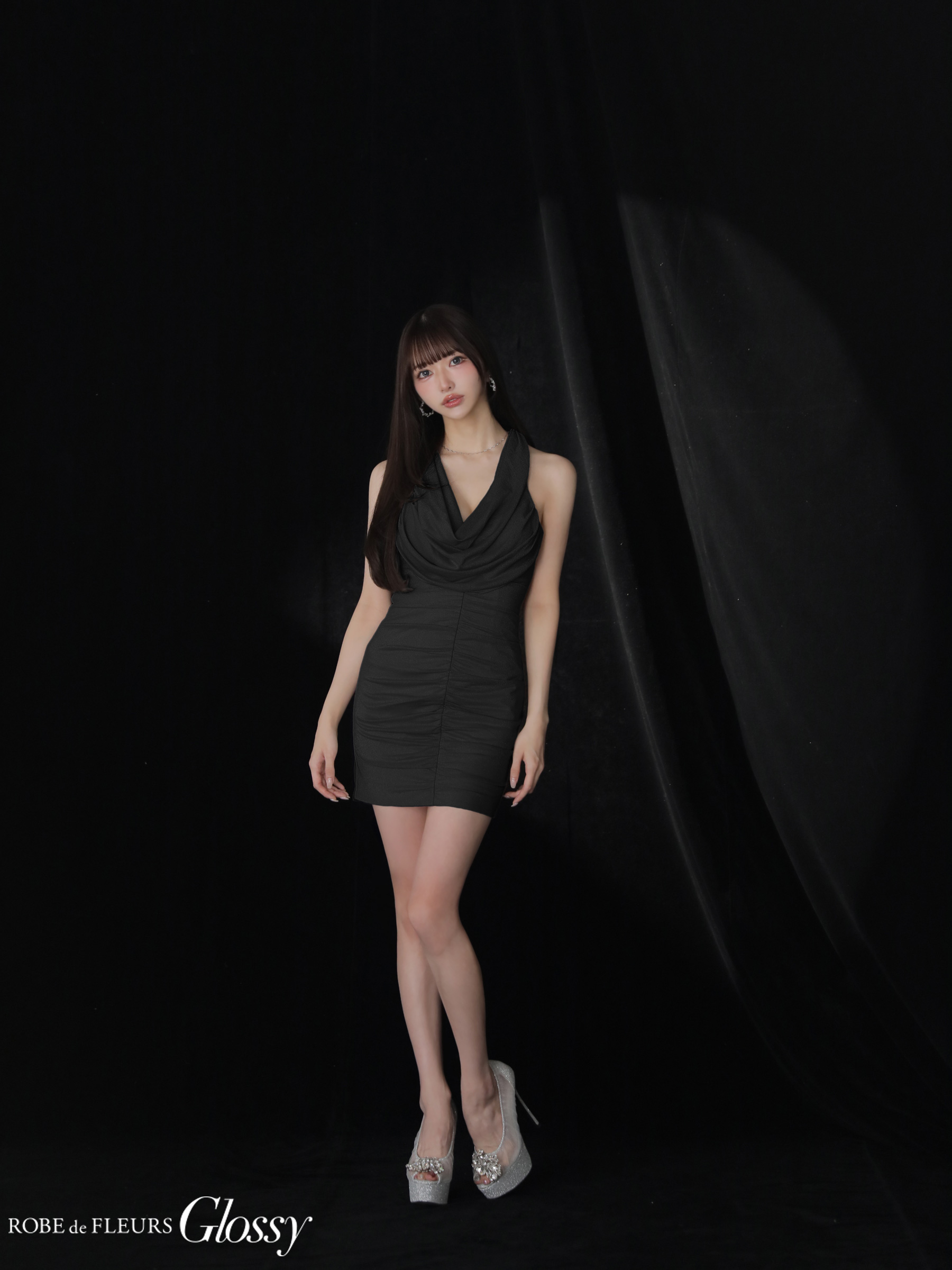 Glossy ローブドフルールグロッシー 【XSサイズあり】 ラメニットカウルネックシャーリングノースリーブタイトキャバドレス gl3967