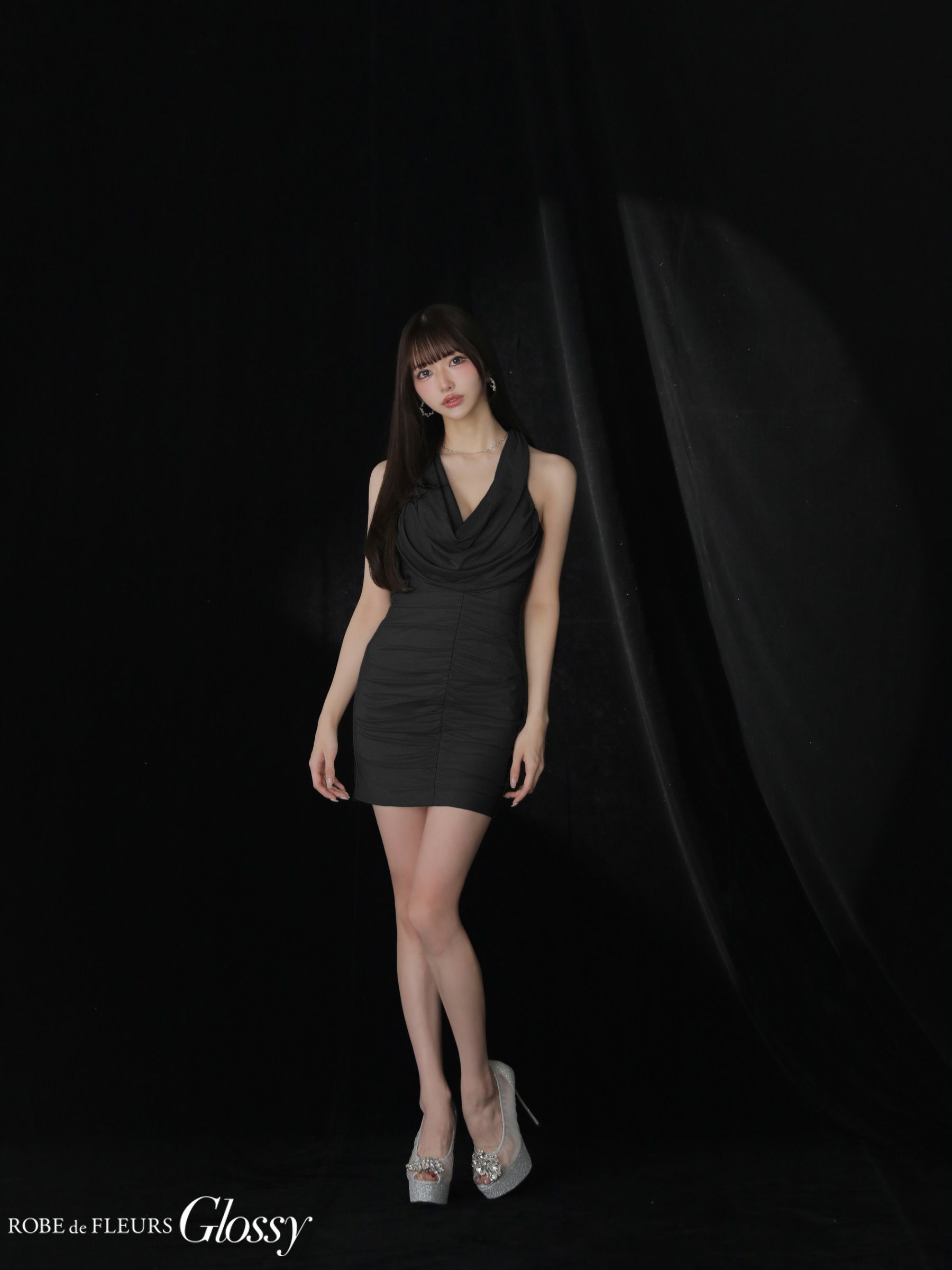 Glossy ローブドフルールグロッシー 【XSサイズあり】 ラメニットカウルネックシャーリングノースリーブタイトキャバドレス gl3967