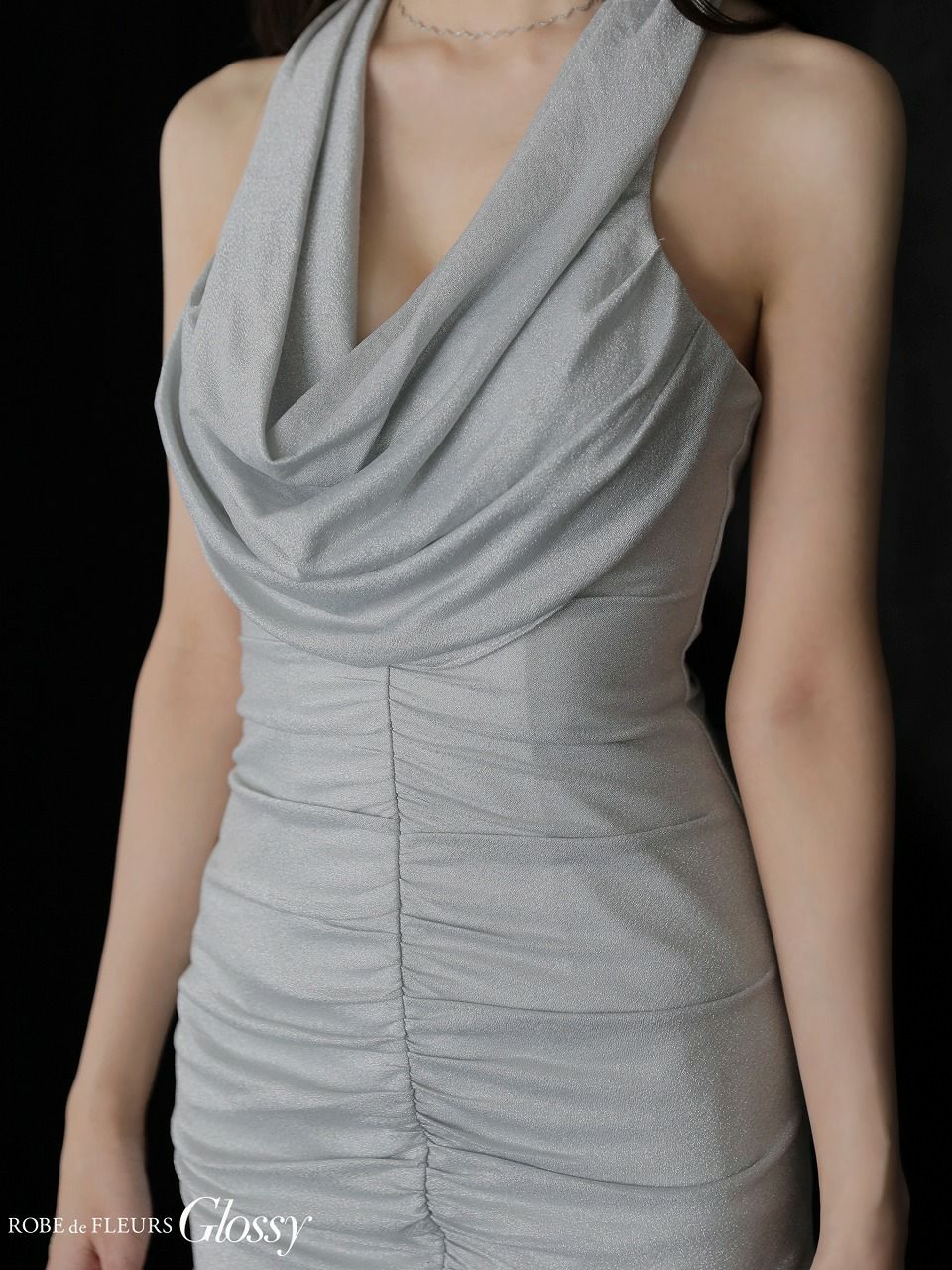 Glossy ローブドフルールグロッシー 【XSサイズあり】 ラメニットカウルネックシャーリングノースリーブタイトキャバドレス gl3967