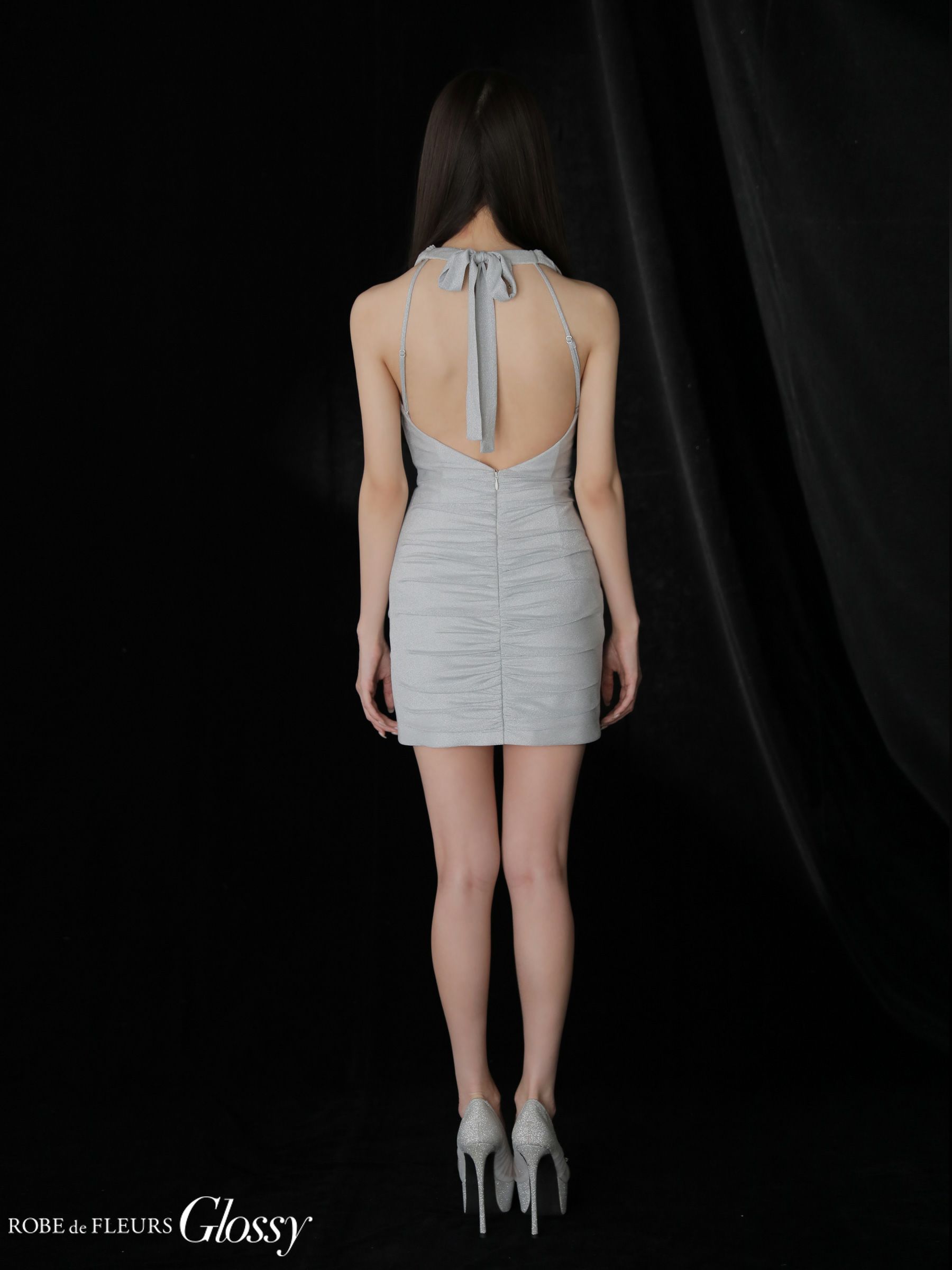 Glossy ローブドフルールグロッシー 【XSサイズあり】 ラメニットカウルネックシャーリングノースリーブタイトキャバドレス gl3967