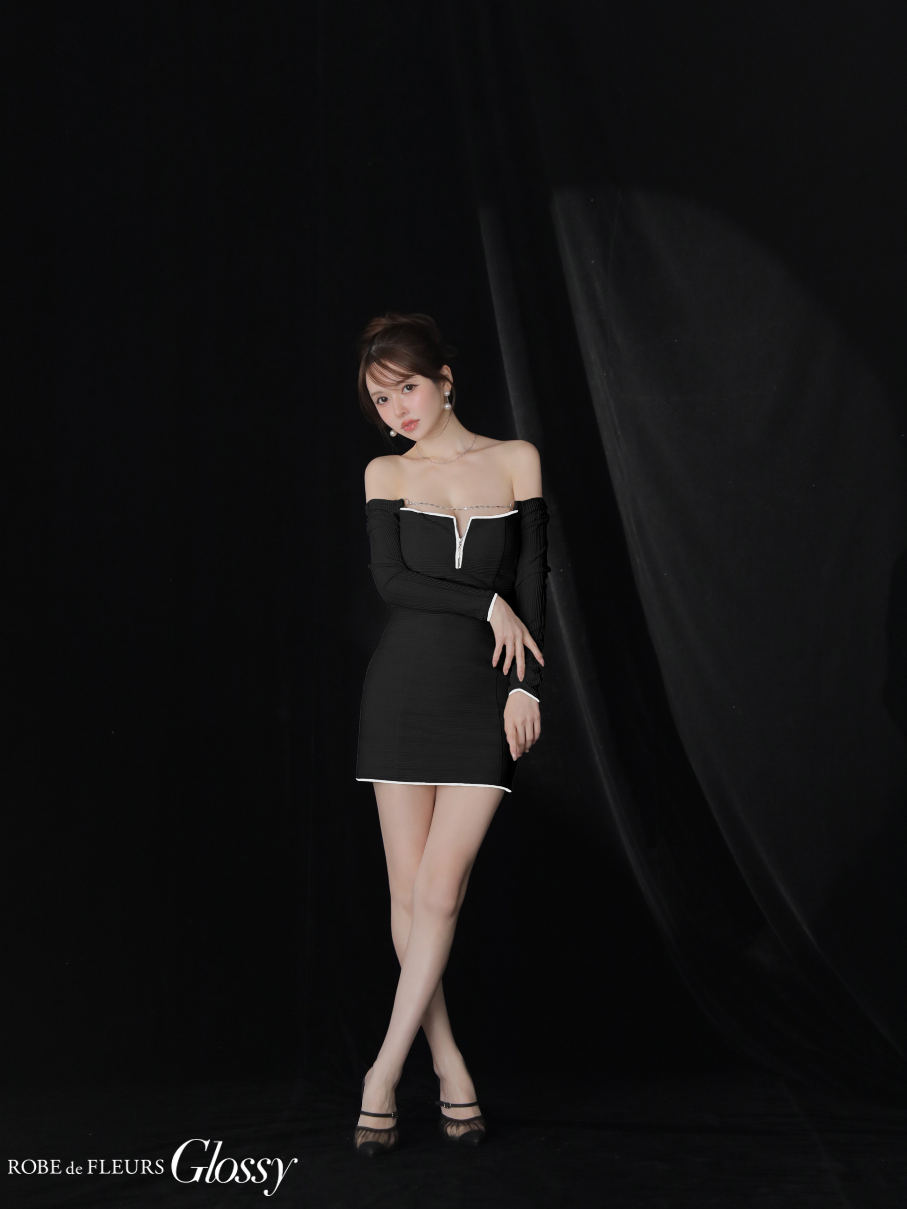 Glossy ローブドフルールグロッシー 【XS～Lサイズあり】パイピングオフショルロングスリーブミニキャバドレス gl4166