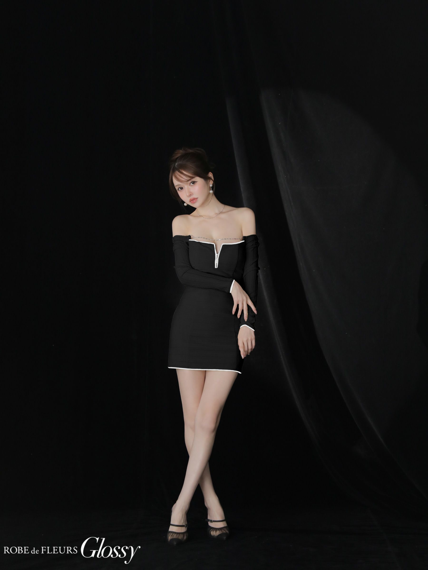 Glossy ローブドフルールグロッシー 【XS～Lサイズあり】パイピングオフショルロングスリーブミニキャバドレス gl4166