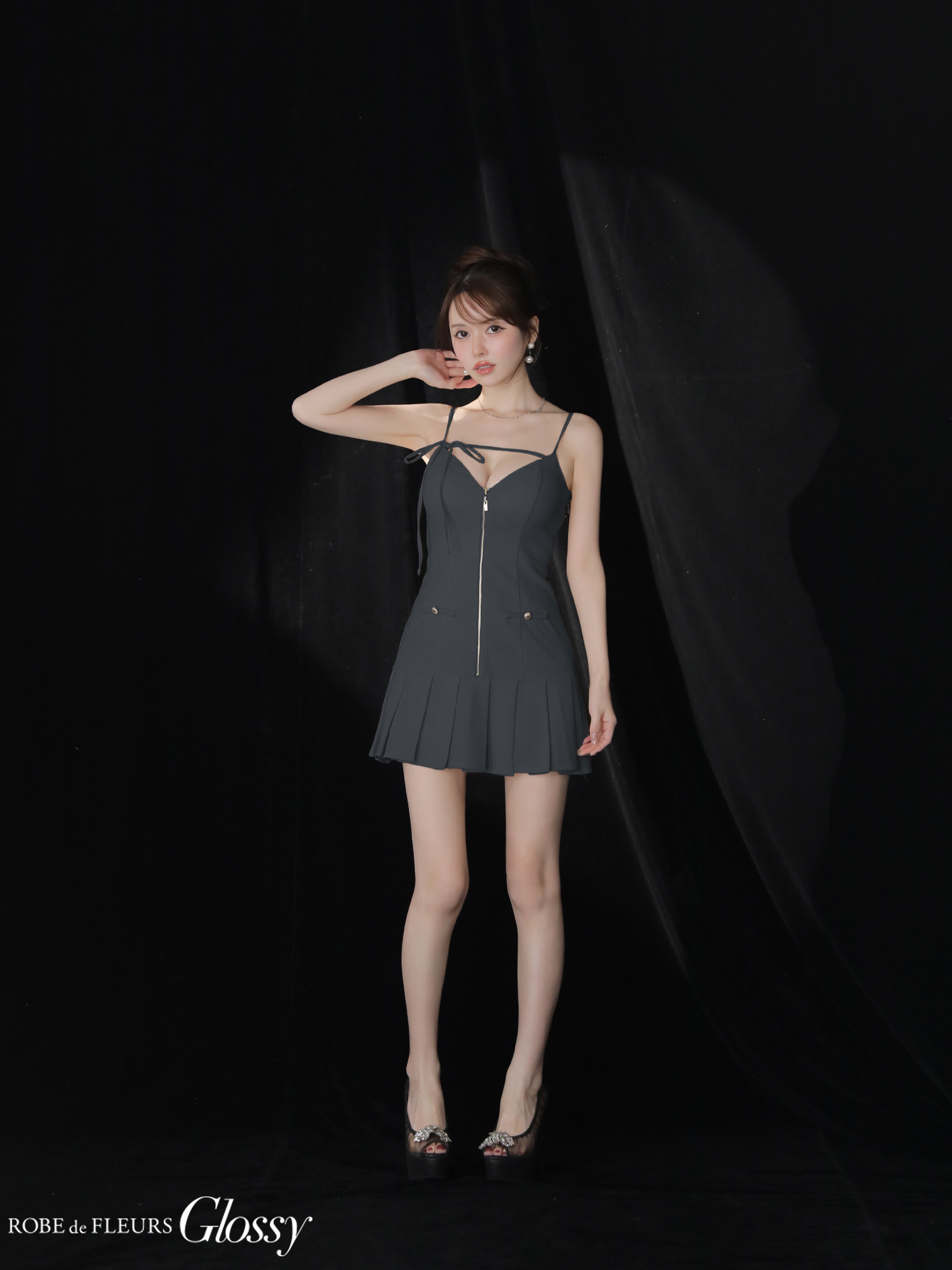 Glossy ローブドフルールグロッシー 【XSサイズあり】バストリボンラメツイードキャミフレアミニキャバドレス gl4316