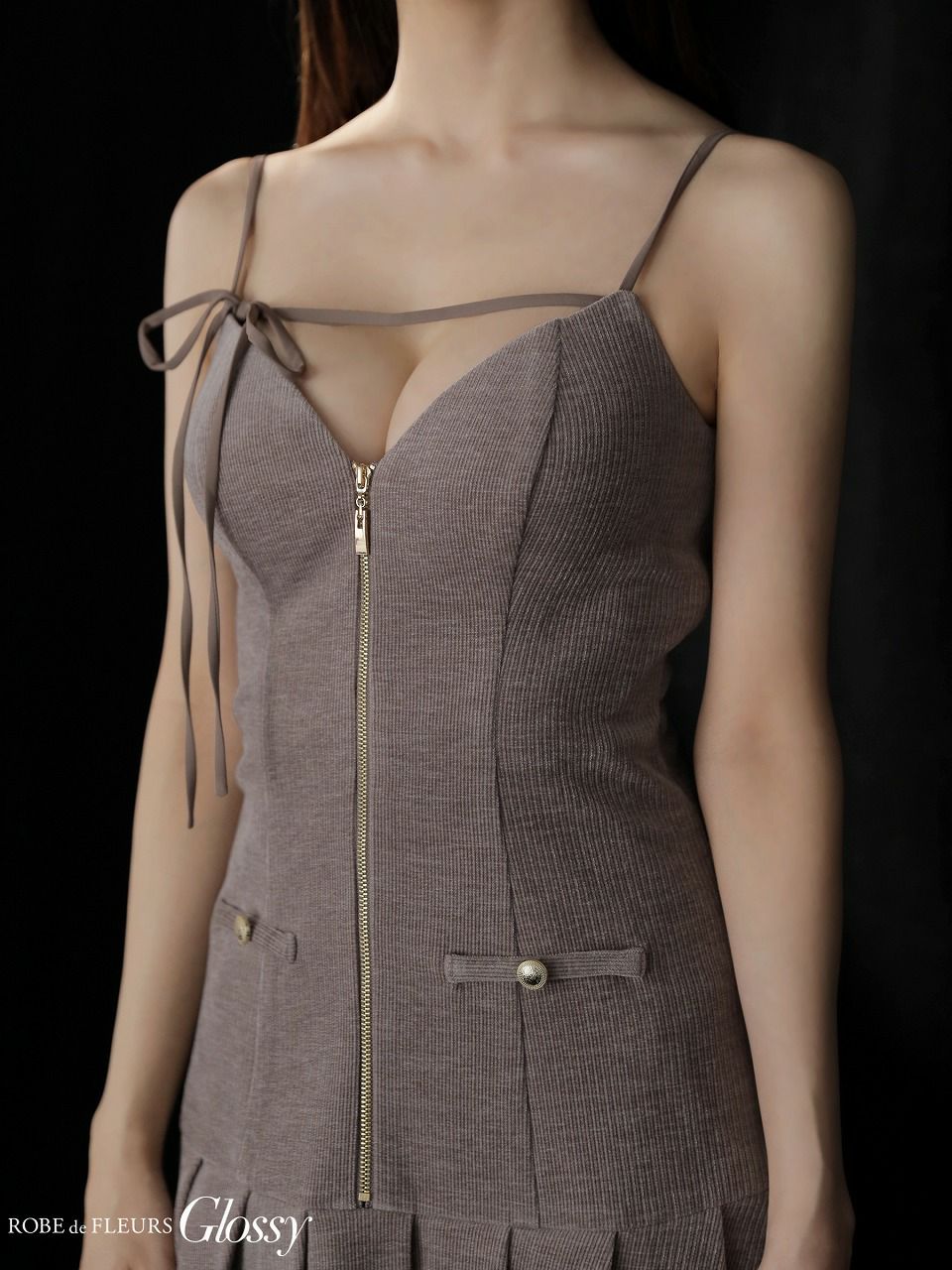 Glossy ローブドフルールグロッシー 【XSサイズあり】バストリボンラメツイードキャミフレアミニキャバドレス gl4316