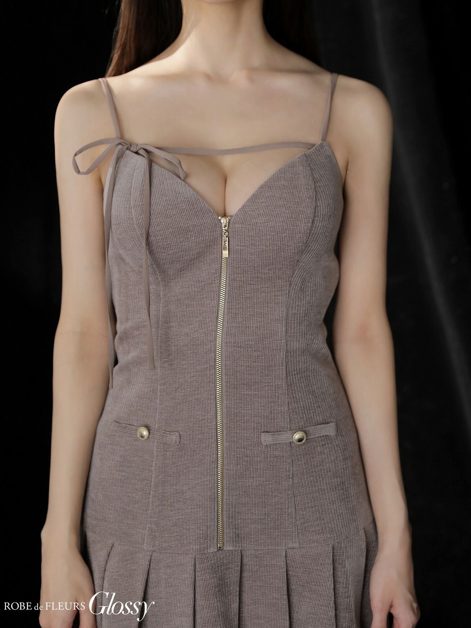 Glossy ローブドフルールグロッシー 【XSサイズあり】バストリボンラメツイードキャミフレアミニキャバドレス gl4316