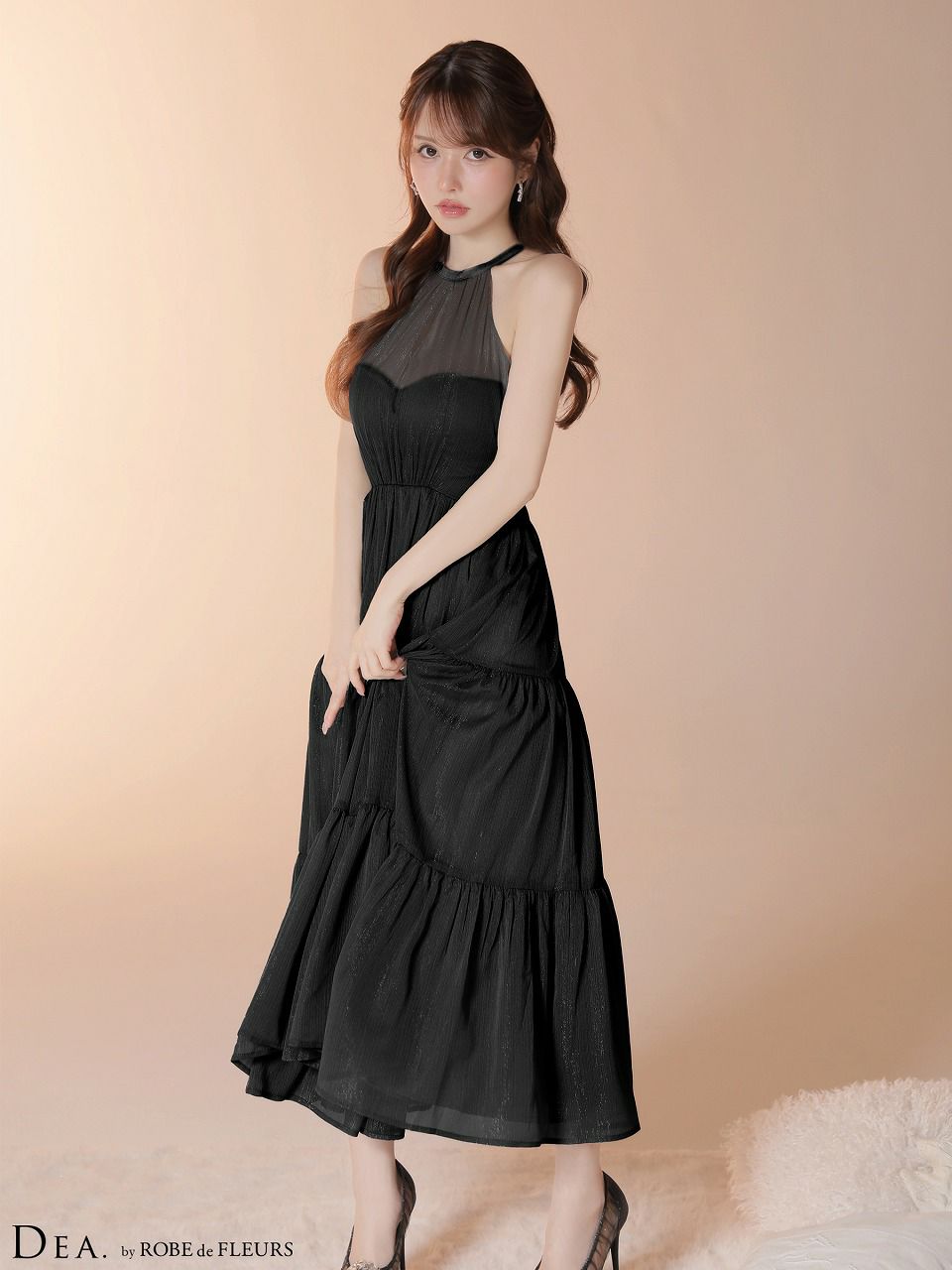 DEA. ディア バイ ローブドフルール 【Lサイズあり】 ラメシフォンホルターネックティアードロングドレス de4145