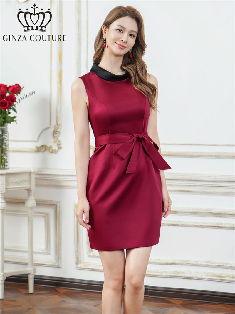 ERUKEI エルケイ バイカラー・サテン・シンプル・ハイネック・リボンベルト・ノースリーブ・タイト・ミニドレス・ワンピース ek-c25213