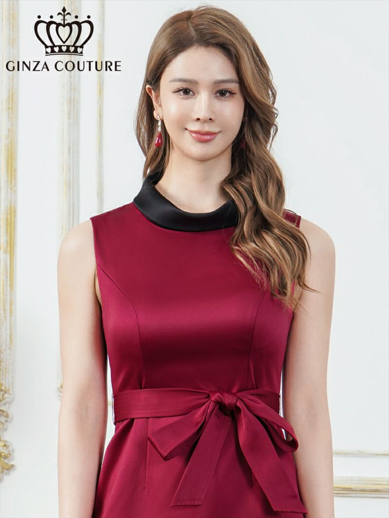 ERUKEI エルケイ バイカラー・サテン・シンプル・ハイネック・リボンベルト・ノースリーブ・タイト・ミニドレス・ワンピース ek-c25213