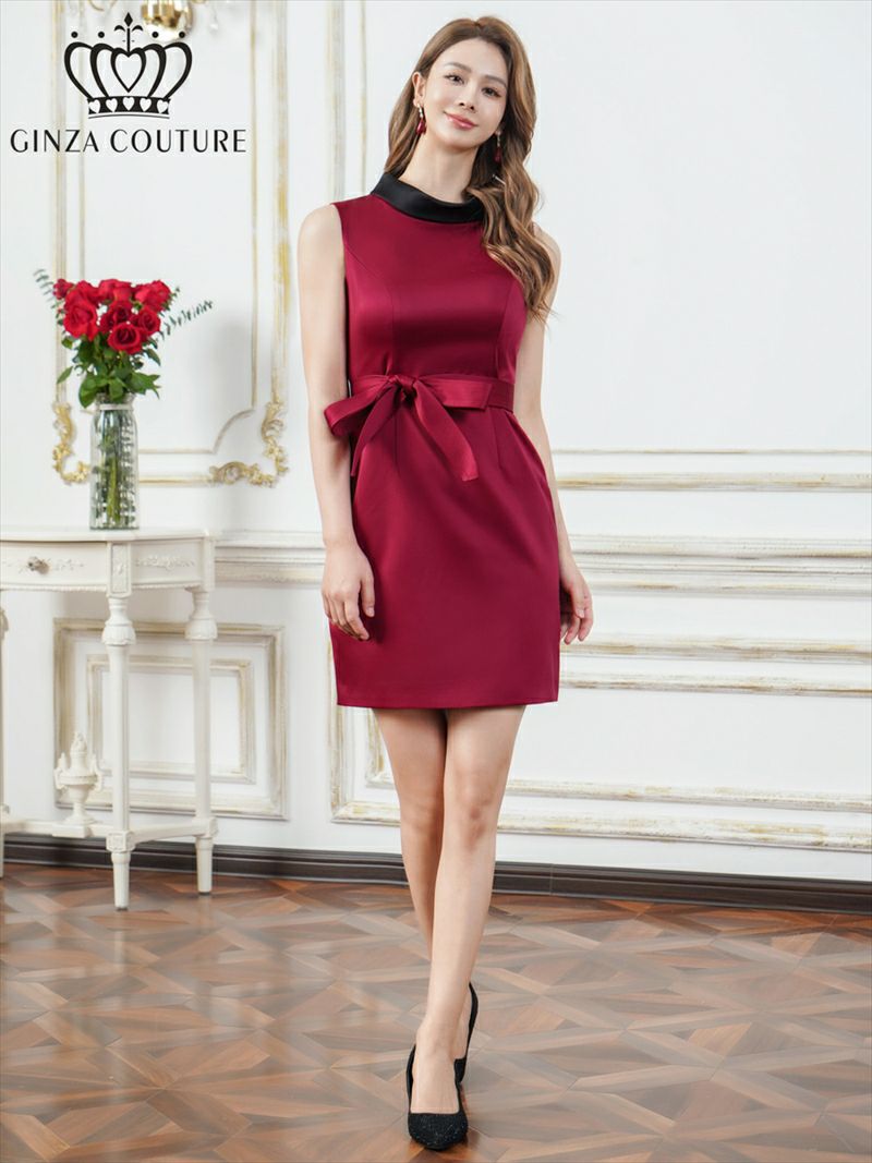 ERUKEI エルケイ バイカラー・サテン・シンプル・ハイネック・リボンベルト・ノースリーブ・タイト・ミニドレス・ワンピース ek-c25213