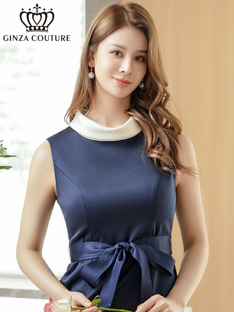 ERUKEI エルケイ バイカラー・サテン・シンプル・ハイネック・リボンベルト・ノースリーブ・タイト・ミニドレス・ワンピース ek-c25213