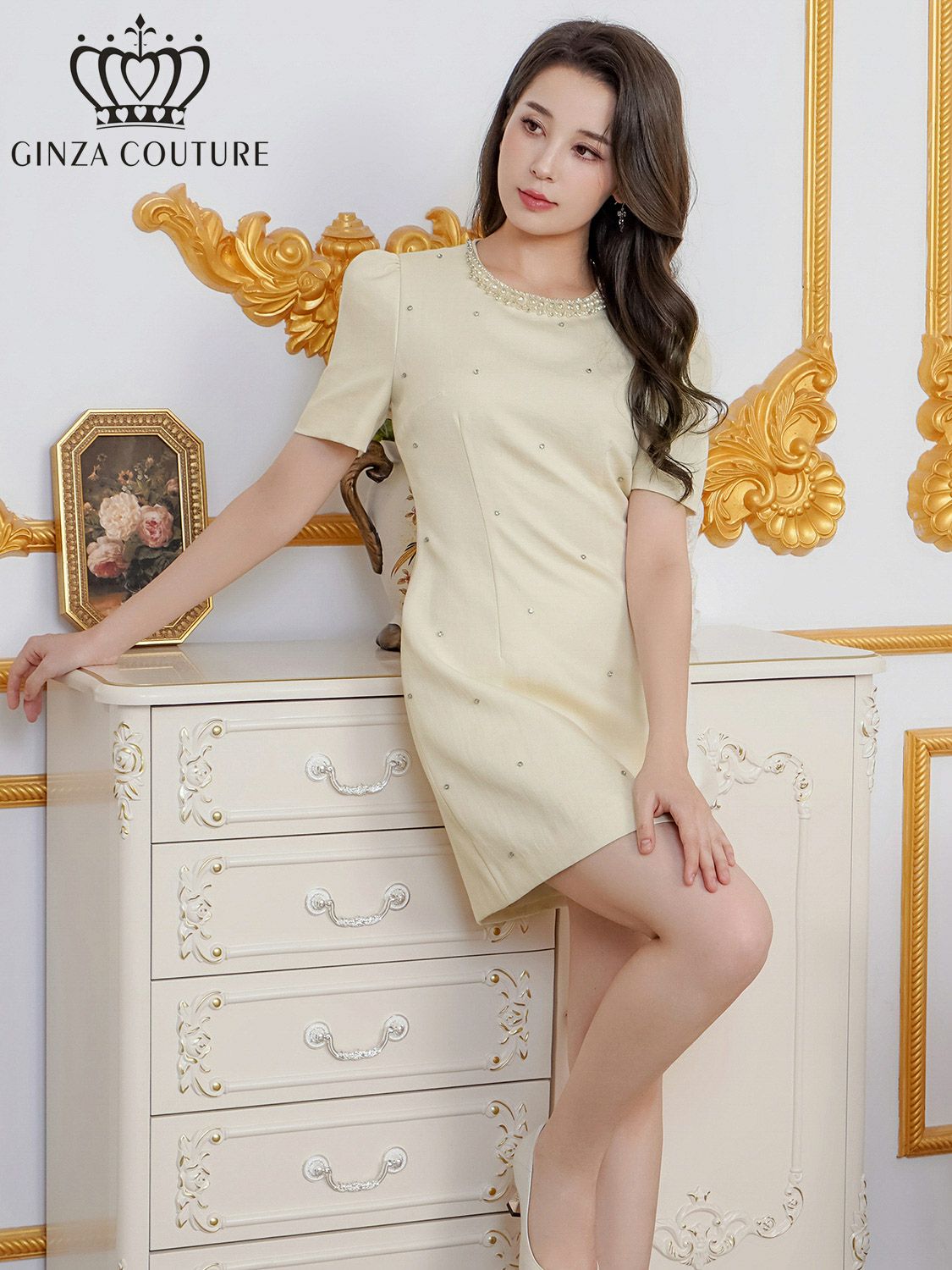 ERUKEI エルケイ 半袖・パール・ラインストーン・Aライン・ミニドレス・ワンピース ek-c2872