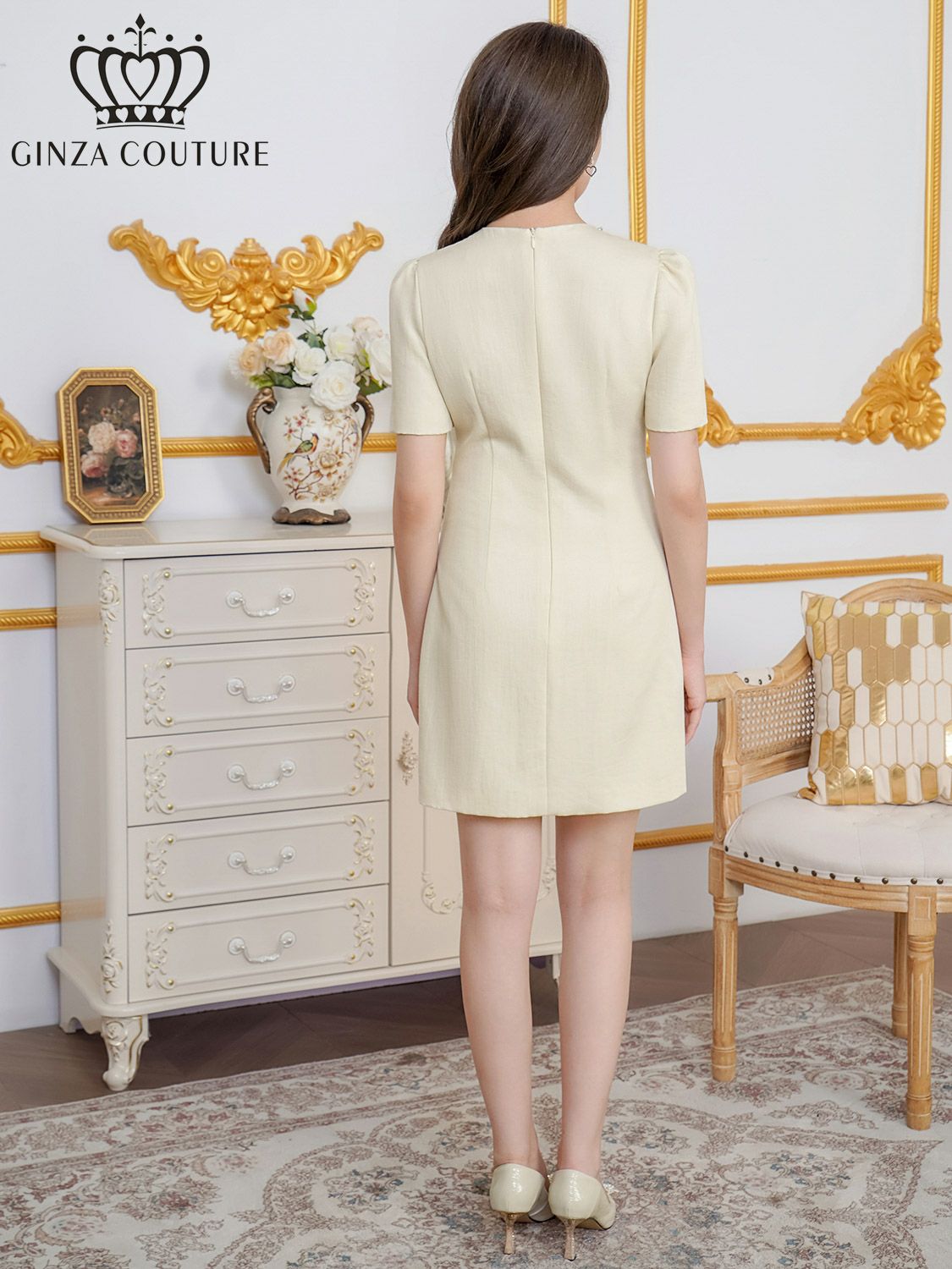 ERUKEI エルケイ 半袖・パール・ラインストーン・Aライン・ミニドレス・ワンピース ek-c2872