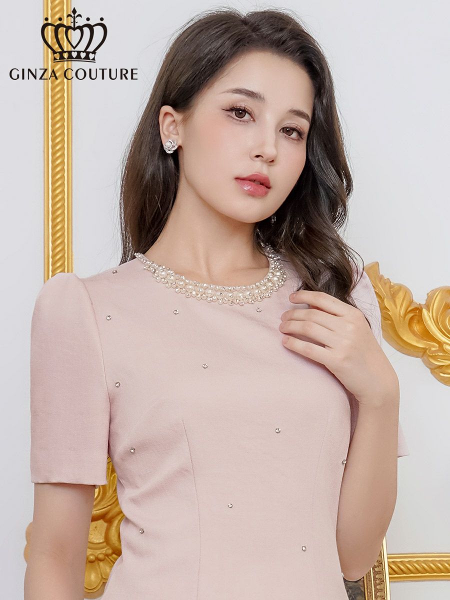 ERUKEI エルケイ 半袖・パール・ラインストーン・Aライン・ミニドレス・ワンピース ek-c2872