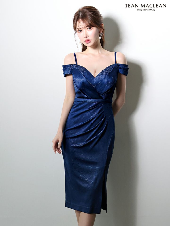 JEAN MACLEAN ジャンマクレーン ワンカラー/オフショル/ラメニット/タックデザイン/タイト ミディアムドレス  ja61023