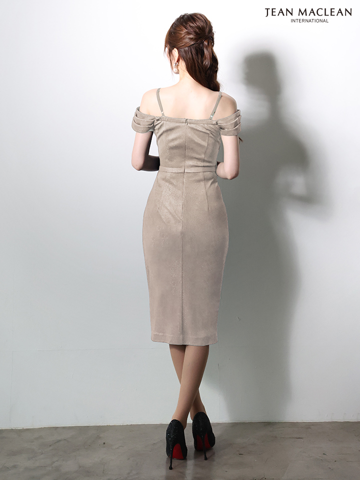 JEAN MACLEAN ジャンマクレーン ワンカラー/オフショル/ラメニット/タックデザイン/タイト ミディアムドレス  ja61023