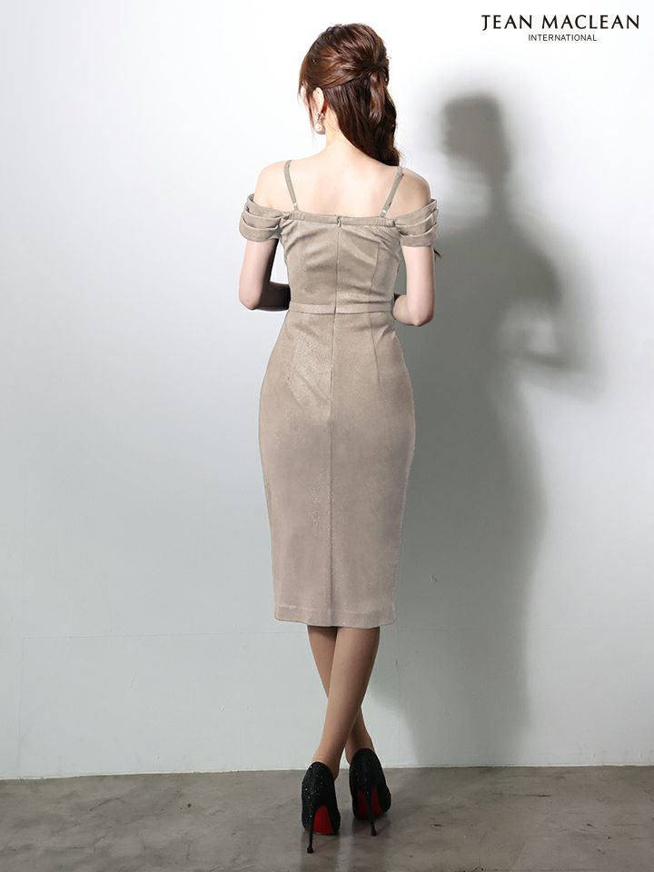 JEAN MACLEAN ジャンマクレーン ワンカラー/オフショル/ラメニット/タックデザイン/タイト ミディアムドレス  ja61023