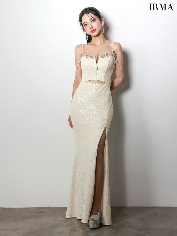 IRMA イルマ オフショル/ウエストカット/ビジュー/ラインストーンショルダーチェーン/スリット入り/タイト ロングドレス ir61026