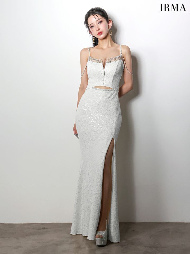 IRMA イルマ オフショル/ウエストカット/ビジュー/ラインストーンショルダーチェーン/スリット入り/タイト ロングドレス ir61026