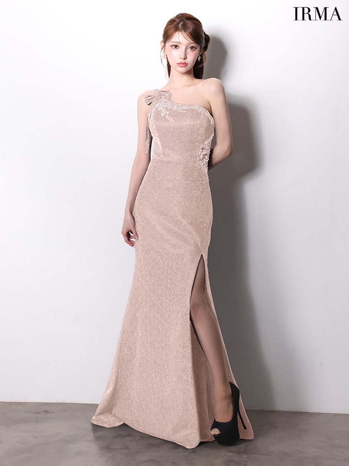 IRMA イルマ ワンショル/リボンショルダー/ウエストシアー/ビジュー刺繍/スリット入り/タイト ロングドレス ir61028