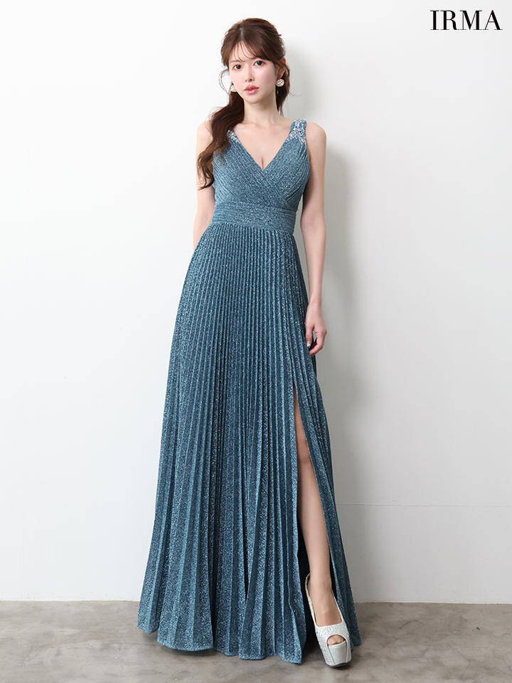 IRMA イルマ ワンカラー/シンプル/ラメニット/Vネック/プリーツ/スリット入り/ロングドレス ir61029