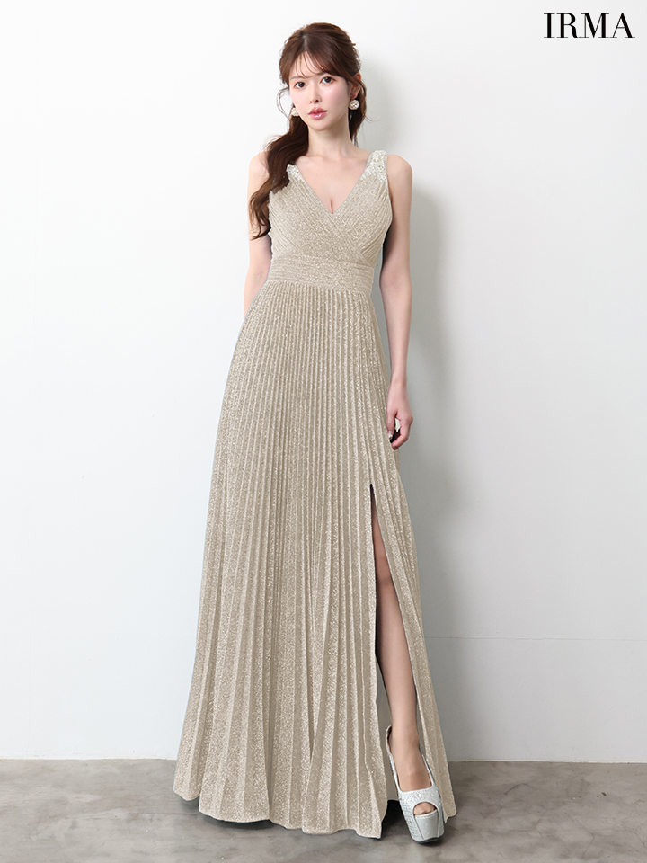 IRMA イルマ ワンカラー/シンプル/ラメニット/Vネック/プリーツ/スリット入り/ロングドレス ir61029