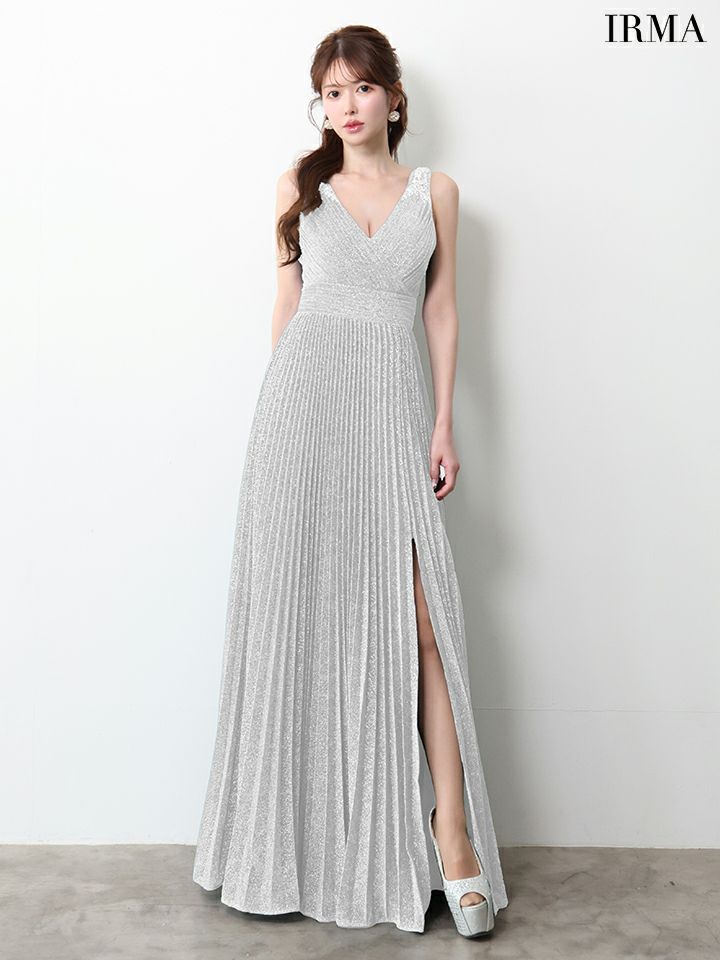 IRMA イルマ ワンカラー/シンプル/ラメニット/Vネック/プリーツ/スリット入り/ロングドレス ir61029