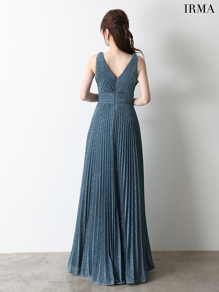 IRMA イルマ ワンカラー/シンプル/ラメニット/Vネック/プリーツ/スリット入り/ロングドレス ir61029