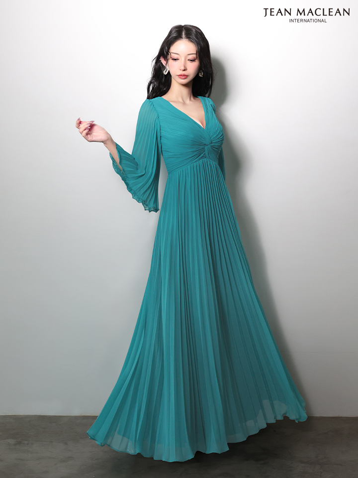 JEAN MACLEAN ジャンマクレーン ロングフレアスリーブ/シフォン/ワンカラー/Aライン/プリーツ/ロングドレス ja61034