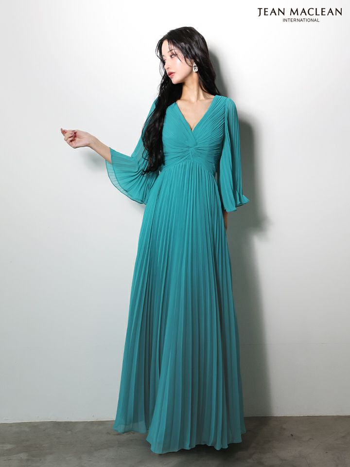 JEAN MACLEAN ジャンマクレーン ロングフレアスリーブ/シフォン/ワンカラー/Aライン/プリーツ/ロングドレス ja61034