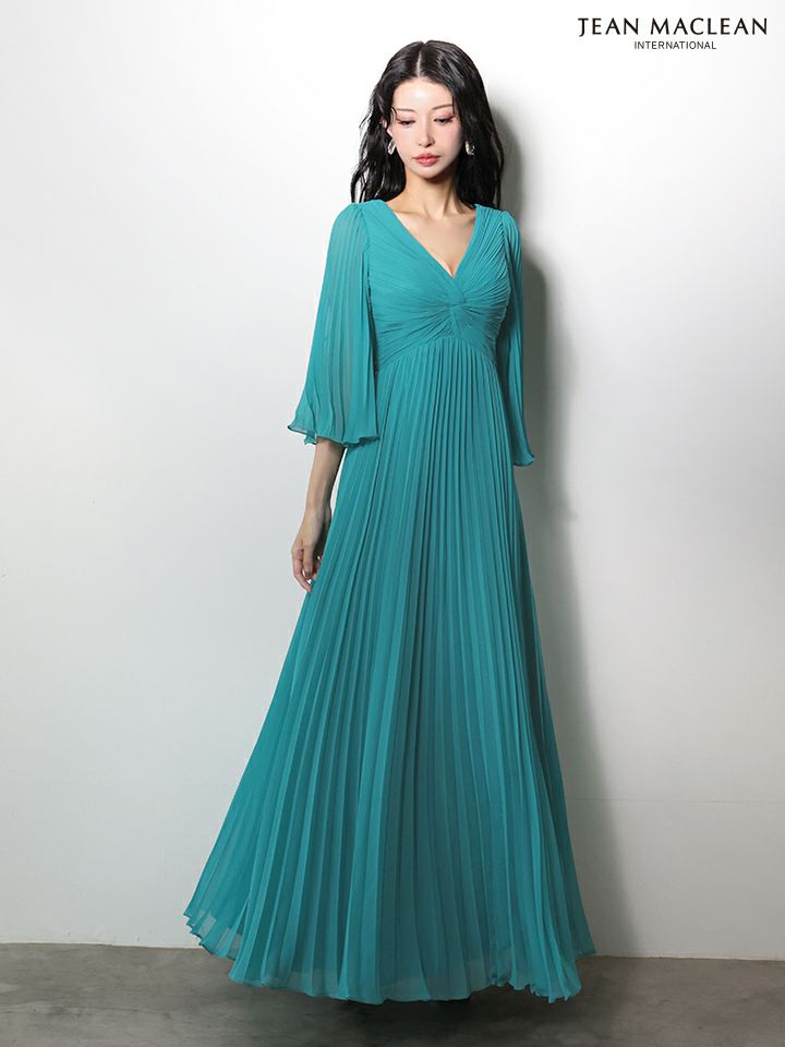 JEAN MACLEAN ジャンマクレーン ロングフレアスリーブ/シフォン/ワンカラー/Aライン/プリーツ/ロングドレス ja61034