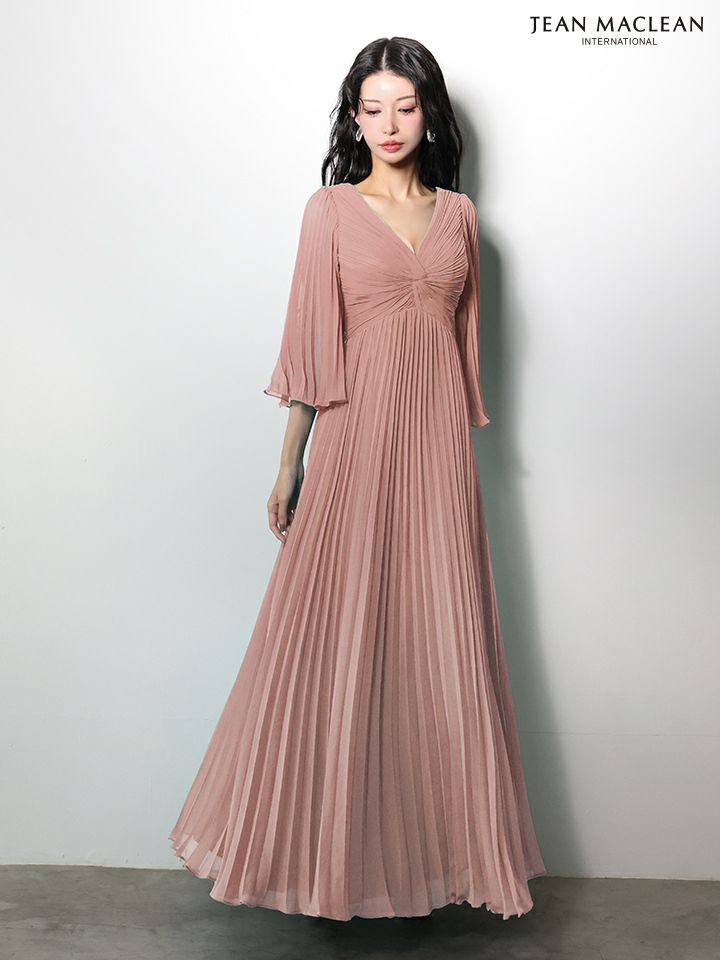 JEAN MACLEAN ジャンマクレーン ロングフレアスリーブ/シフォン/ワンカラー/Aライン/プリーツ/ロングドレス ja61034