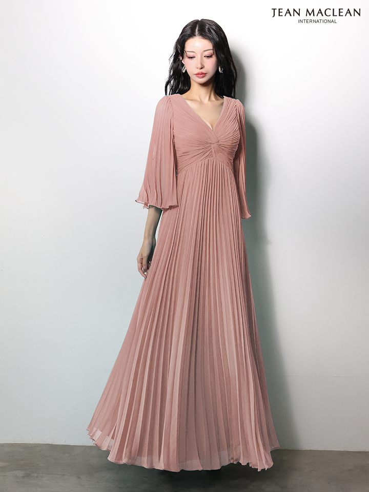 JEAN MACLEAN ジャンマクレーン ロングフレアスリーブ/シフォン/ワンカラー/Aライン/プリーツ/ロングドレス ja61034