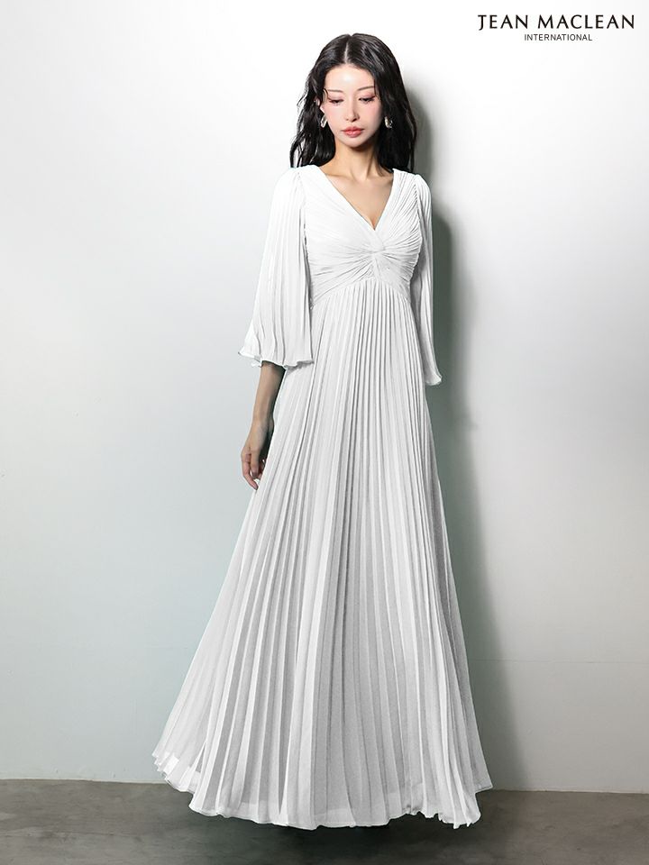 JEAN MACLEAN ジャンマクレーン ロングフレアスリーブ/シフォン/ワンカラー/Aライン/プリーツ/ロングドレス ja61034