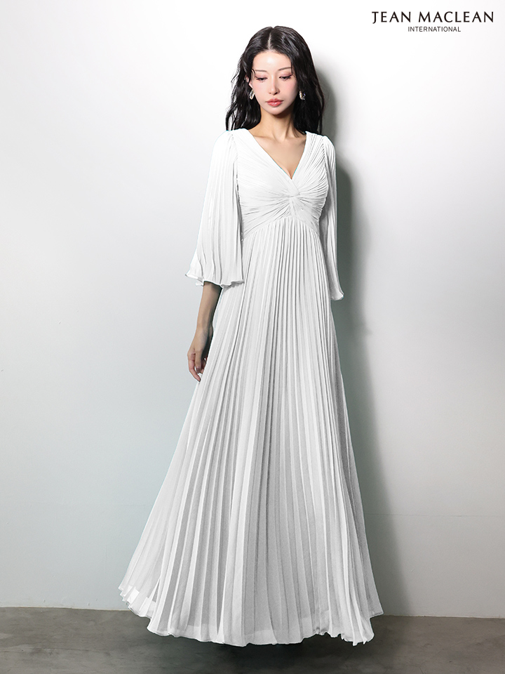 JEAN MACLEAN ジャンマクレーン ロングフレアスリーブ/シフォン/ワンカラー/Aライン/プリーツ/ロングドレス ja61034