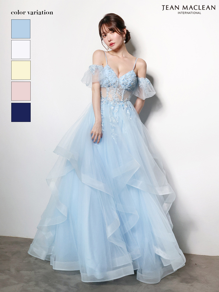 JEAN MACLEAN ジャンマクレーン ウエストシアー/フラワー刺繍/パフスリーブ/オフショル/姫/ロングドレス ja61036