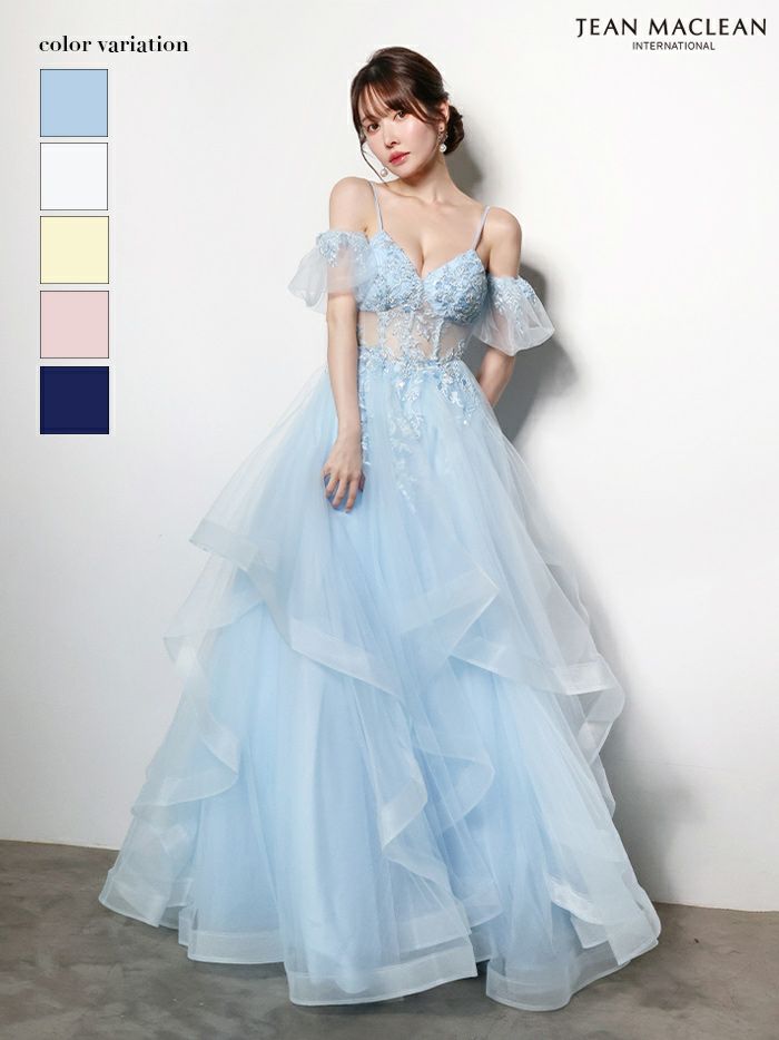 JEAN MACLEAN ジャンマクレーン ウエストシアー/フラワー刺繍/パフスリーブ/オフショル/姫/ロングドレス ja61036