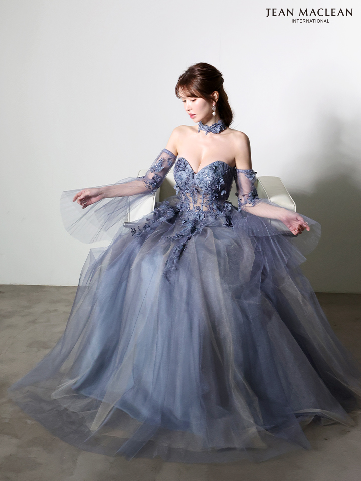 JEAN MACLEAN ジャンマクレーン 立体フラワーモチーフ/ロングフレアスリーブ/チョーカー付き/姫/ロングドレス ja61037