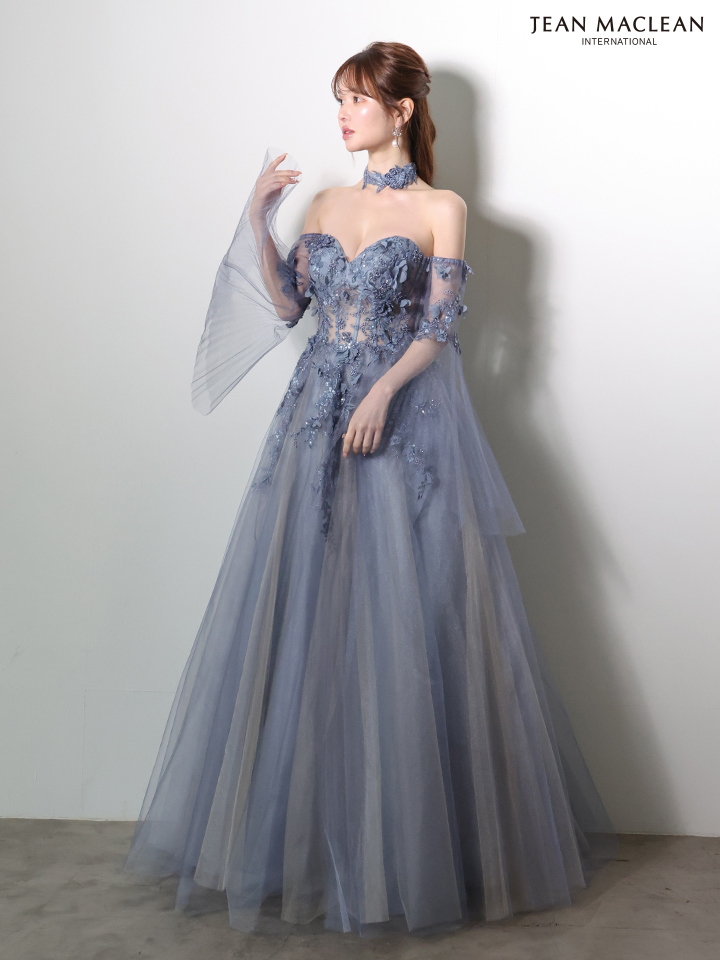 JEAN MACLEAN ジャンマクレーン 立体フラワーモチーフ/ロングフレアスリーブ/チョーカー付き/姫/ロングドレス ja61037