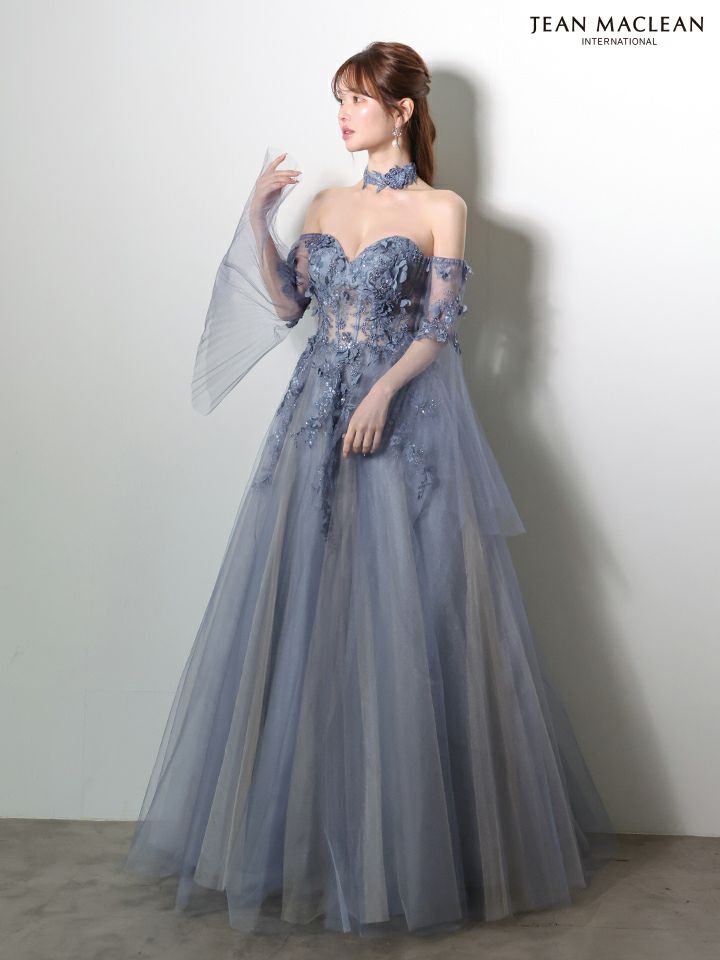 JEAN MACLEAN ジャンマクレーン 立体フラワーモチーフ/ロングフレアスリーブ/チョーカー付き/姫/ロングドレス ja61037