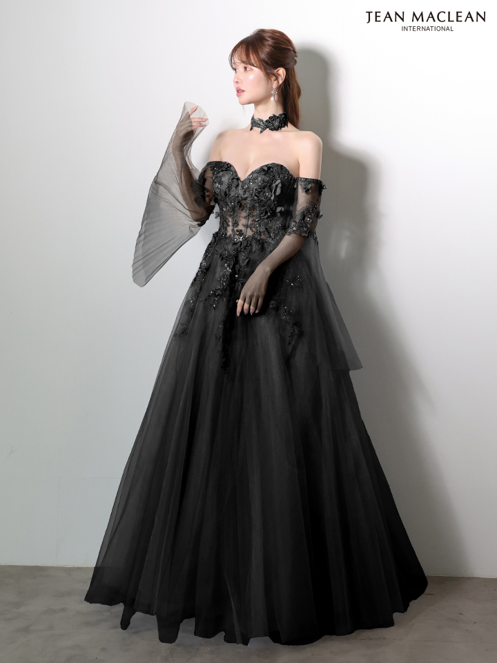 JEAN MACLEAN ジャンマクレーン 立体フラワーモチーフ/ロングフレアスリーブ/チョーカー付き/姫/ロングドレス ja61037