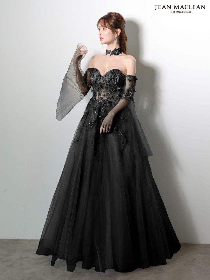 JEAN MACLEAN ジャンマクレーン 立体フラワーモチーフ/ロングフレアスリーブ/チョーカー付き/姫/ロングドレス ja61037