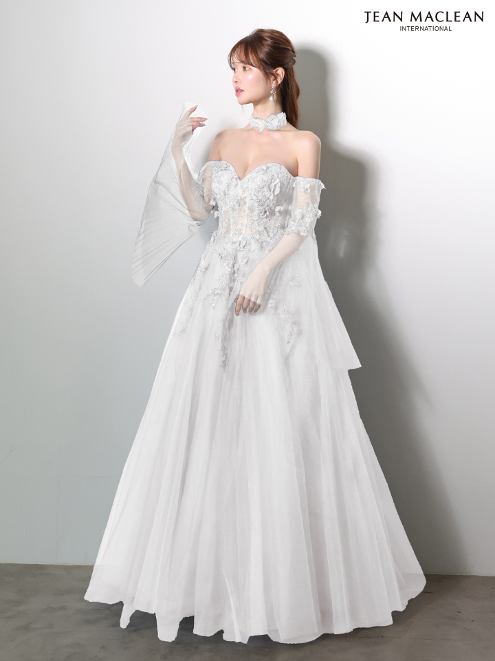 JEAN MACLEAN ジャンマクレーン 立体フラワーモチーフ/ロングフレアスリーブ/チョーカー付き/姫/ロングドレス ja61037