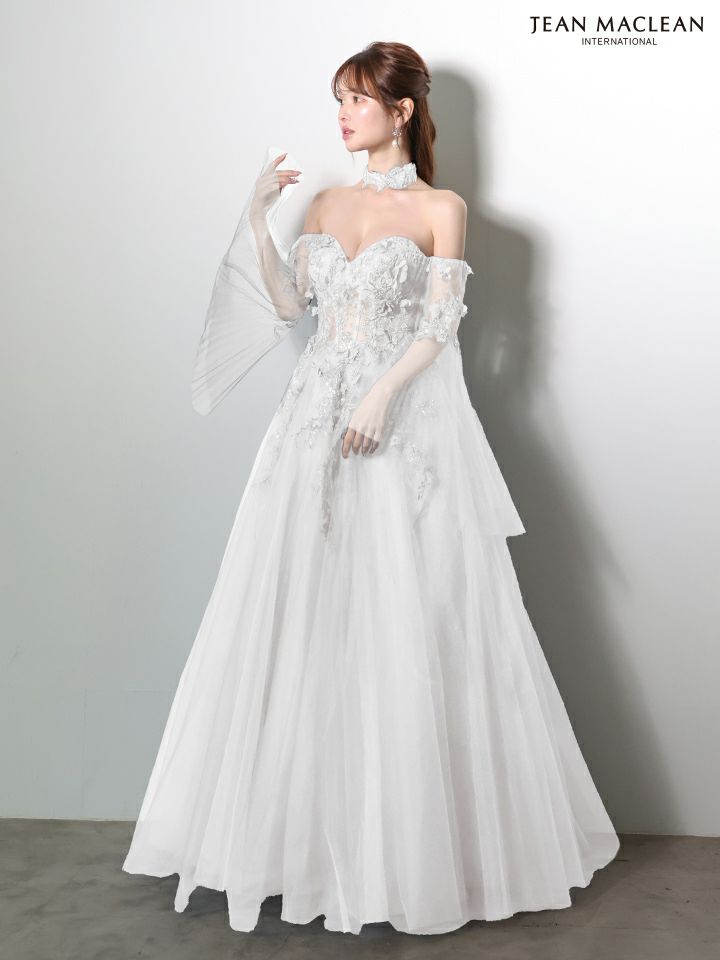 JEAN MACLEAN ジャンマクレーン 立体フラワーモチーフ/ロングフレアスリーブ/チョーカー付き/姫/ロングドレス ja61037