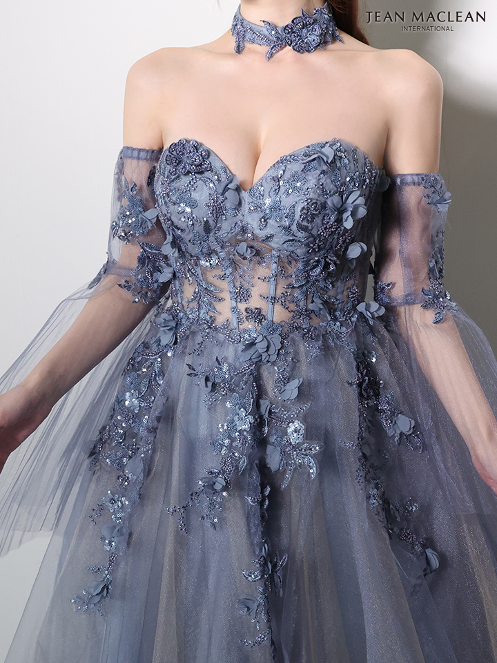 JEAN MACLEAN ジャンマクレーン 立体フラワーモチーフ/ロングフレアスリーブ/チョーカー付き/姫/ロングドレス ja61037