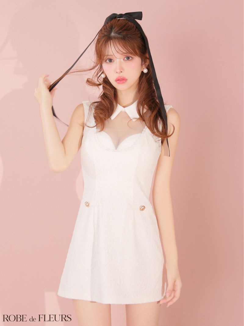 ROBE de FLEURS ローブドフルール 【XSサイズあり】襟付きシースルーデコルテレースミニキャバドレス fm3490-c