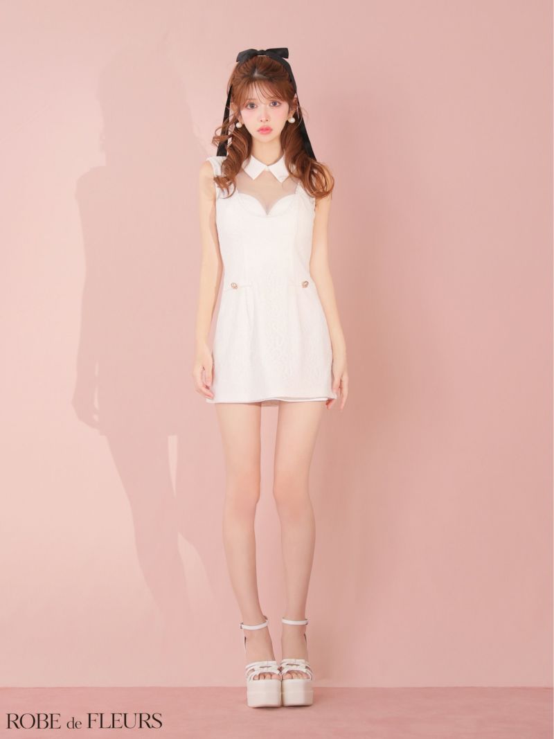 ROBE de FLEURS ローブドフルール 【XSサイズあり】襟付きシースルーデコルテレースミニキャバドレス fm3490-c