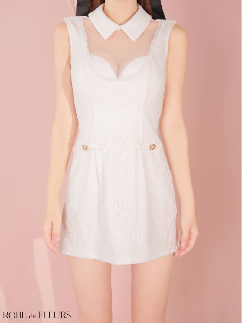 ROBE de FLEURS ローブドフルール 【XSサイズあり】襟付きシースルーデコルテレースミニキャバドレス fm3490-c